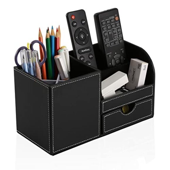 PU Leather Desk Organizer with Drawer, Pen Holder, Phone Storage - Picture 5 of 7
